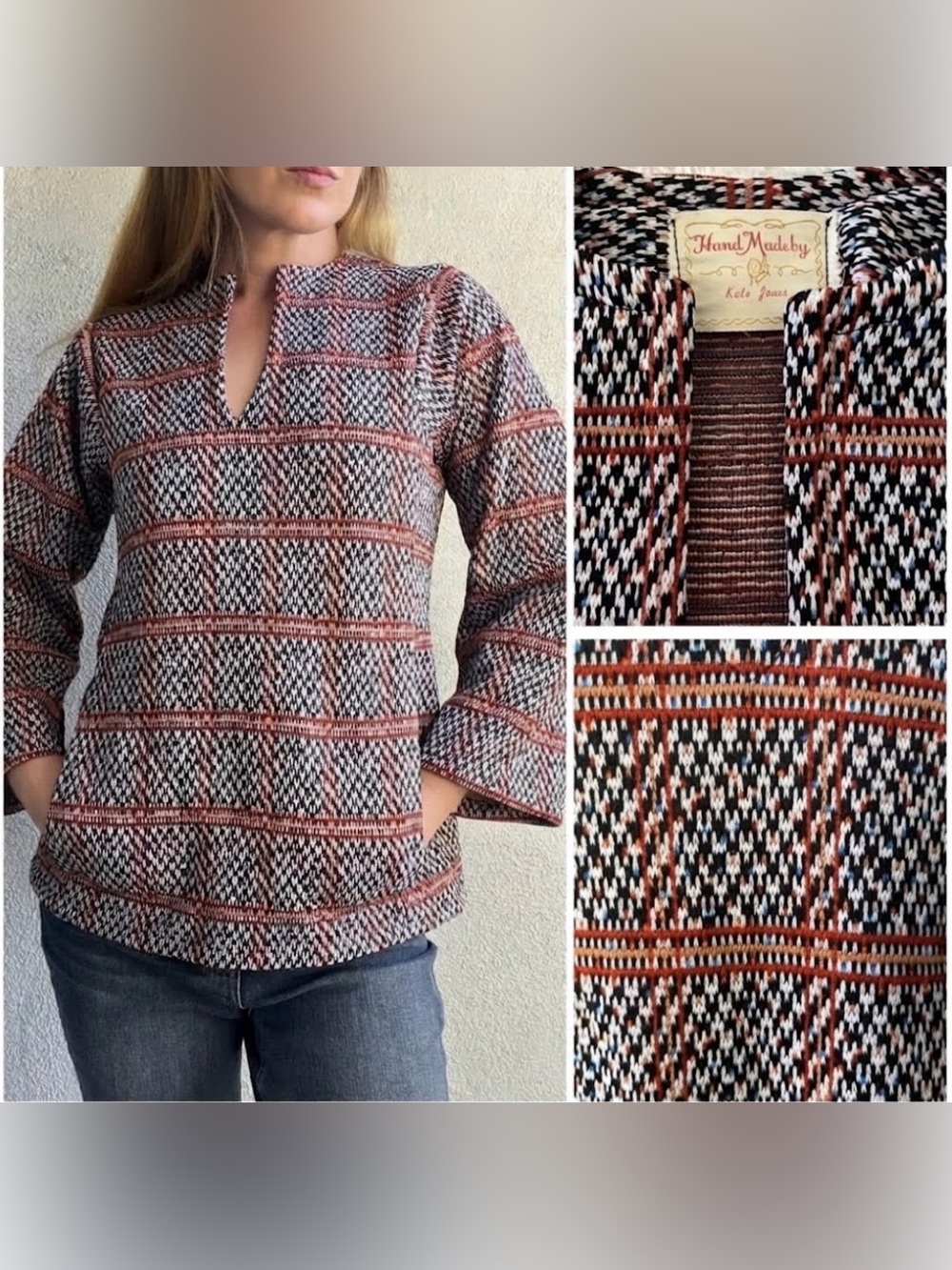 Vintage 70s Woven Plaid Tunic Top, Boho Bell Sleeve Split Neck Sweater, Size S/M